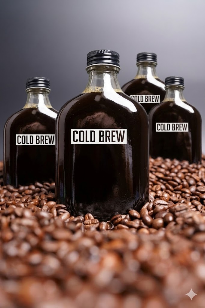 Cold brew bottles on roasted beans
