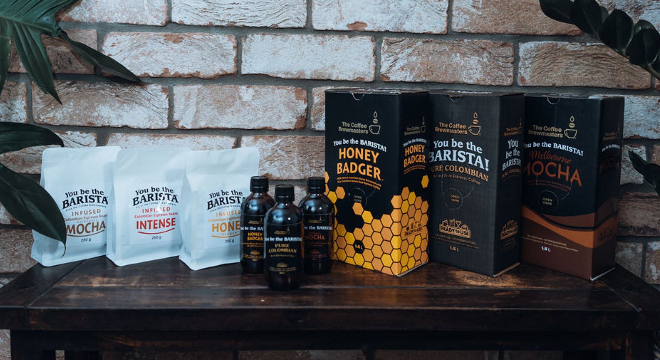 The You Be The Barista range on a brick and timber shelf